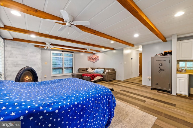 2436 Warm Springs Rd, Shenandoah Junction, WV 25442 - bedroom featuring beam ceiling, light wood-style flooring, recessed lighting, and a ceiling fan