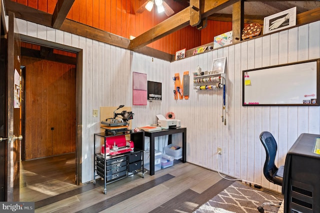 2436 Warm Springs Rd, Shenandoah Junction, WV 25442 - office space with wood finished floors, wooden walls, and ceiling fan