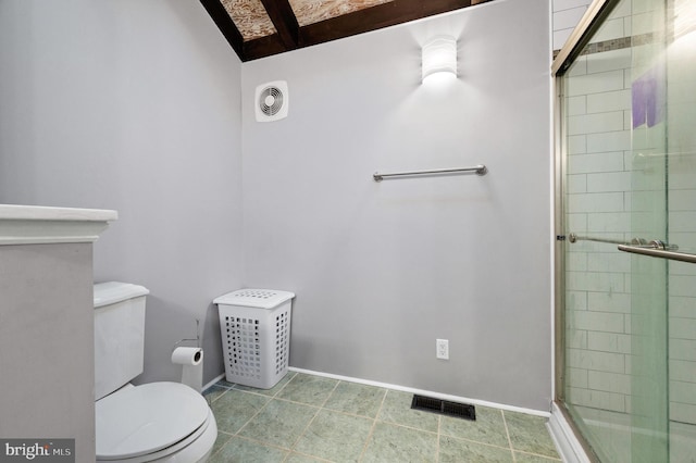 2436 Warm Springs Rd, Shenandoah Junction, WV 25442 - bathroom featuring toilet, a shower stall, beamed ceiling, and baseboards
