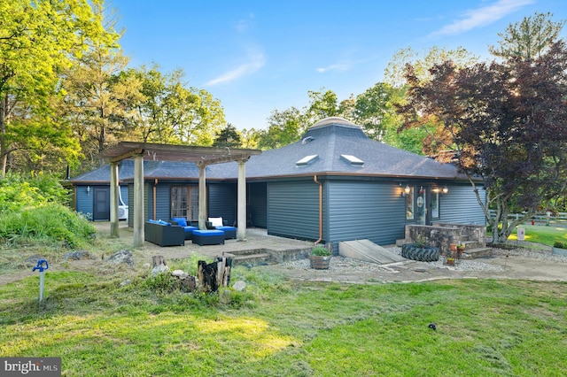 2436 Warm Springs Rd, Shenandoah Junction, WV 25442 - back of house with a pergola, outdoor lounge area, a patio area, a lawn, and roof with shingles