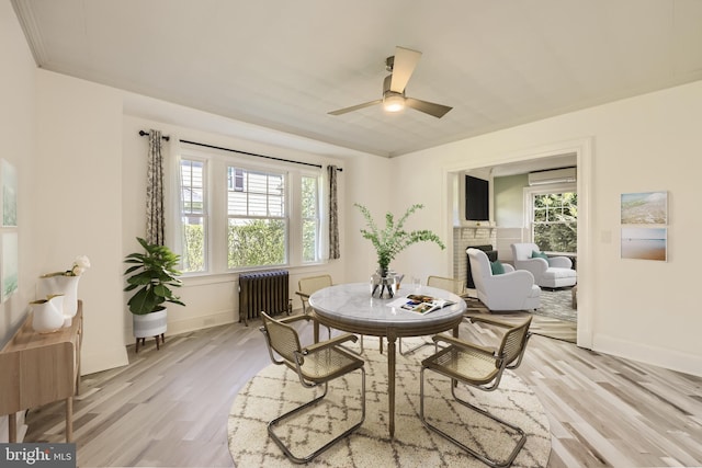 105 E Maple Rd, Linthicum Heights, MD 21090 - dining room featuring an AC wall unit, a ceiling fan, radiator heating unit, and light wood-style floors