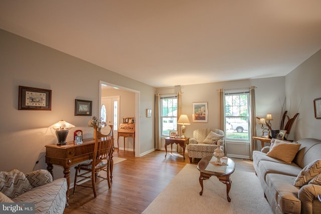 living room with baseboards and wood finished floors