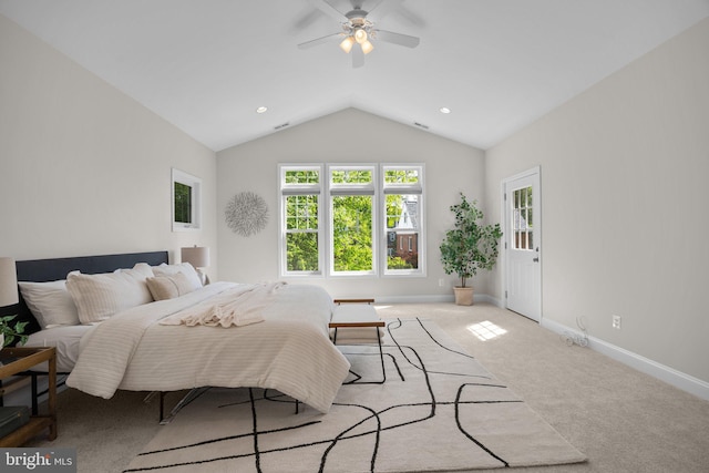 carpeted bedroom with recessed lighting, baseboards, a ceiling fan, and lofted ceiling