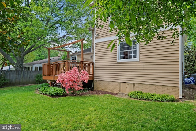 view of side of property featuring fence, a wooden deck, a yard, and crawl space