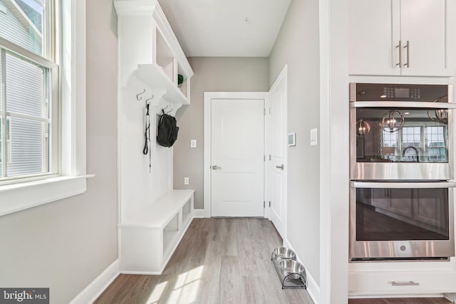 mudroom with baseboards, wood finished floors, and a healthy amount of sunlight