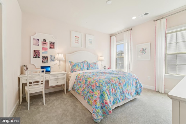 bedroom with visible vents, baseboards, recessed lighting, and carpet floors