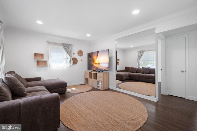 13432 Forest Glen Rd, Woodbridge, VA 22191 - living area with recessed lighting, baseboards, ornamental molding, and dark wood-style flooring