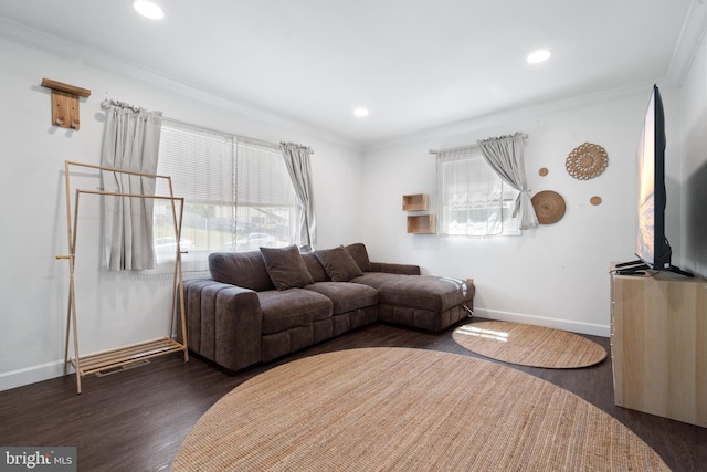 13432 Forest Glen Rd, Woodbridge, VA 22191 - living area with baseboards, recessed lighting, dark wood finished floors, and crown molding