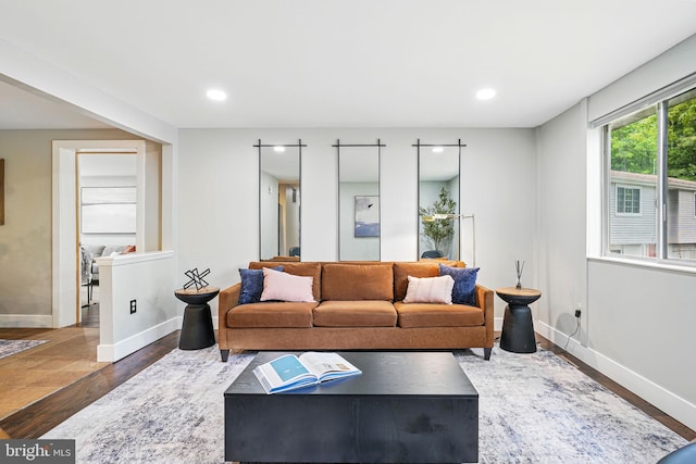living area with baseboards, recessed lighting, and wood finished floors