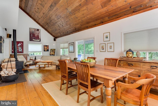 dining area featuring high vaulted ceiling, wood ceiling, a wood stove, and light wood finished floors