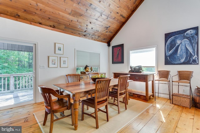 dining space with plenty of natural light, wooden ceiling, high vaulted ceiling, and light wood-style flooring