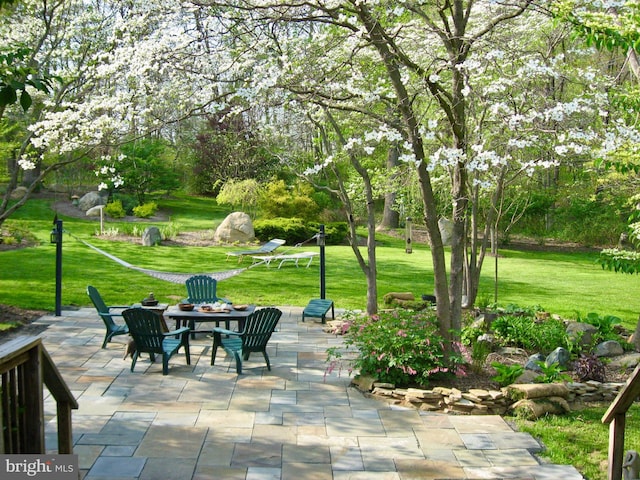 view of property's community with a lawn and a patio