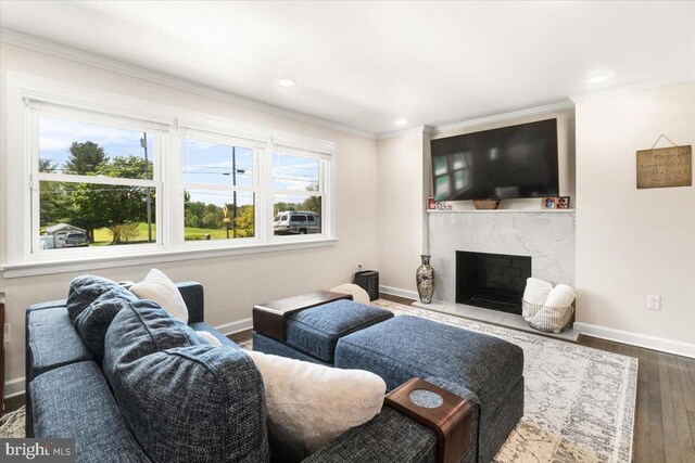 living area with baseboards, ornamental molding, and wood finished floors