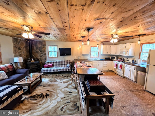 kitchen featuring plenty of natural light, a ceiling fan, a wood stove, and white appliances