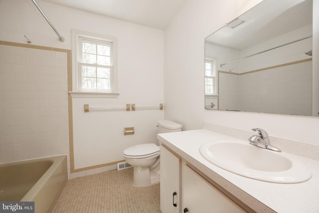full bathroom with washtub / shower combination, visible vents, toilet, tile patterned floors, and vanity