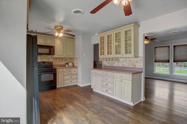 2284 Pine Rd, Newville, PA 17241 - kitchen featuring cream cabinetry, backsplash, visible vents, black appliances, and ceiling fan