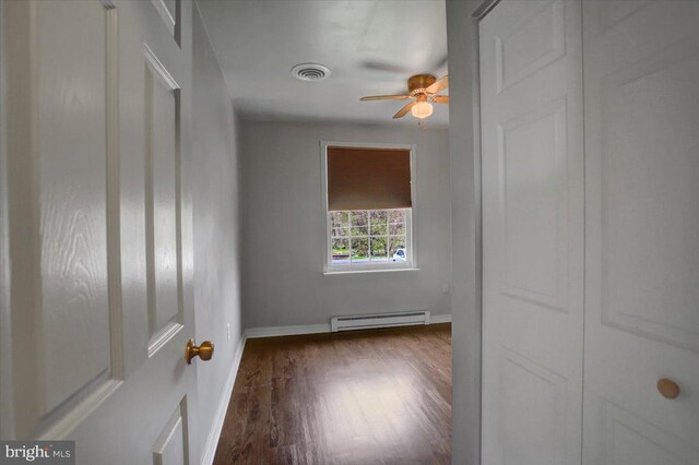 2284 Pine Rd, Newville, PA 17241 - empty room with dark wood-style floors, visible vents, a ceiling fan, baseboards, and a baseboard radiator