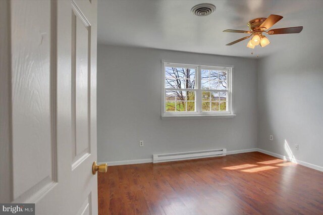 2284 Pine Rd, Newville, PA 17241 - spare room featuring a baseboard radiator, wood finished floors, visible vents, and a ceiling fan