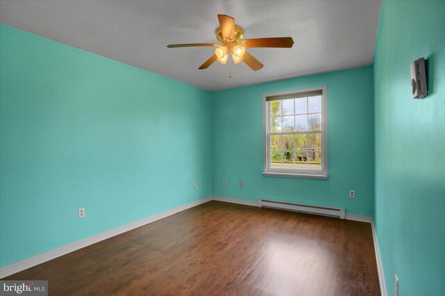 2284 Pine Rd, Newville, PA 17241 - empty room featuring a baseboard heating unit, ceiling fan, baseboards, and dark wood-style floors
