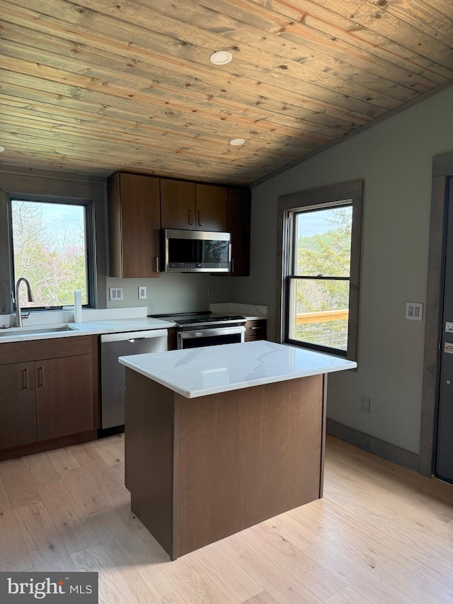 kitchen featuring plenty of natural light, a sink, appliances with stainless steel finishes, and wood ceiling