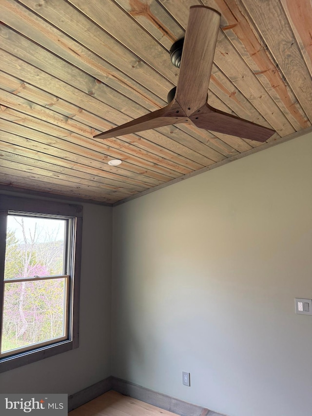 unfurnished room featuring wood ceiling and baseboards