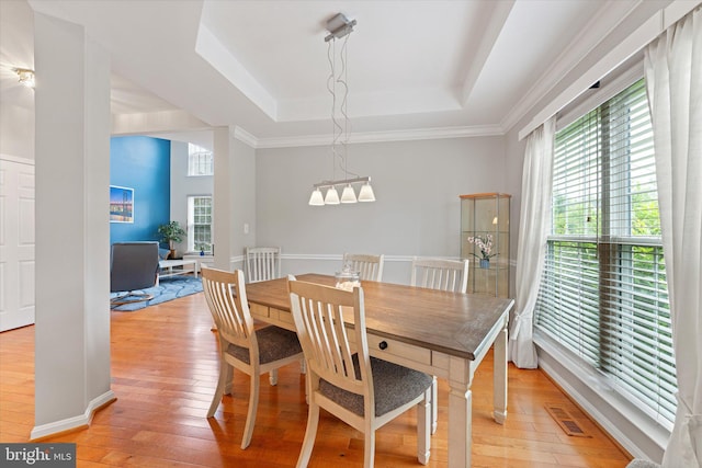 6780 Hollow Glen Ct, Gainesville, VA 20155 - dining space featuring a tray ceiling, healthy amount of natural light, and light wood-style flooring