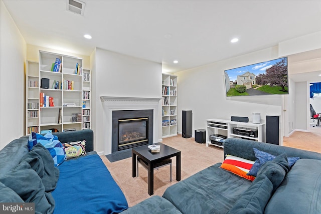 6780 Hollow Glen Ct, Gainesville, VA 20155 - living room with carpet, a fireplace with flush hearth, recessed lighting, and baseboards