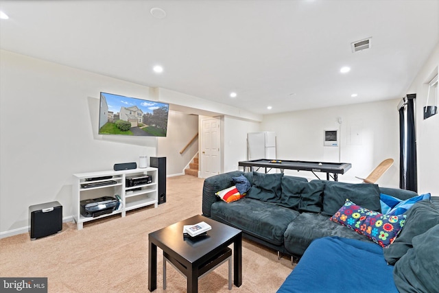 6780 Hollow Glen Ct, Gainesville, VA 20155 - living room with light carpet, recessed lighting, stairway, and baseboards