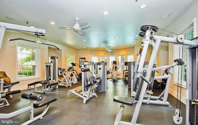 workout area featuring recessed lighting and a ceiling fan