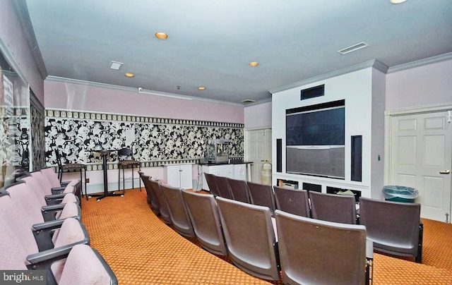 interior space featuring carpet flooring, visible vents, and ornamental molding