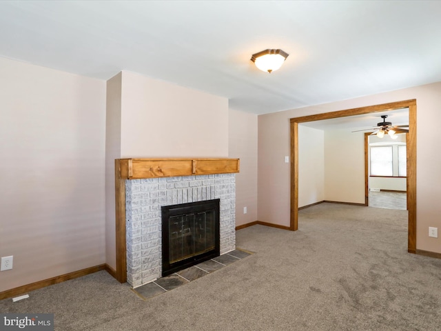 819 Manns Ter, Cumberland, MD 21502 - unfurnished living room with baseboards, carpet, ceiling fan, and a fireplace