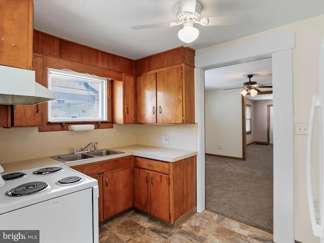 819 Manns Ter, Cumberland, MD 21502 - kitchen featuring a ceiling fan, light countertops, brown cabinets, a sink, and white electric stove