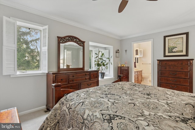 carpeted bedroom with crown molding, multiple windows, and baseboards