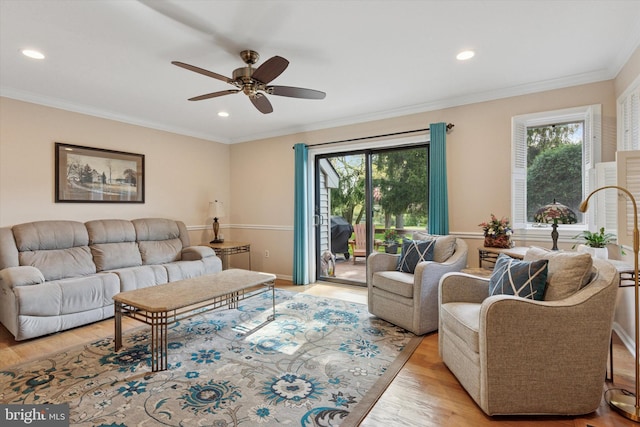 living area featuring ceiling fan, a healthy amount of sunlight, and light wood-type flooring