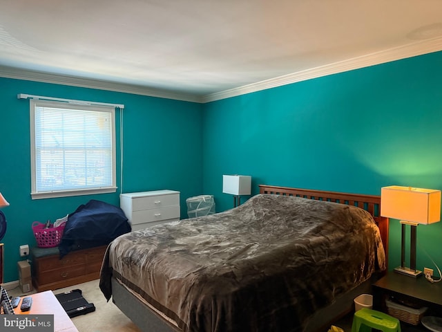 carpeted bedroom with crown molding