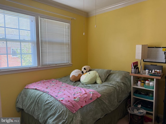 bedroom with crown molding and multiple windows