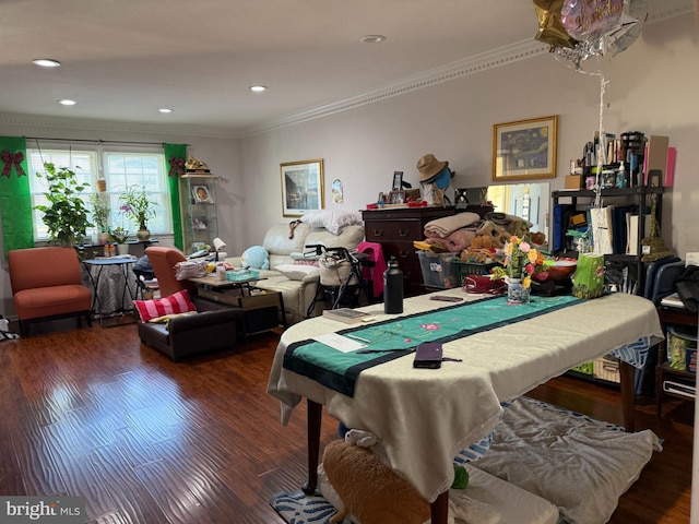 recreation room with recessed lighting, wood finished floors, and ornamental molding