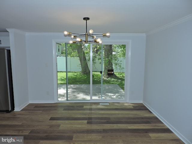 unfurnished dining area featuring a chandelier, crown molding, baseboards, and dark wood finished floors