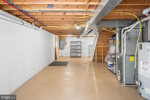 2738 Tilton St, Philadelphia, PA 19134 - unfinished basement with stairway, heating unit, electric panel, and gas water heater