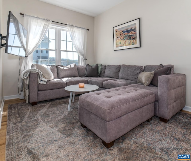 living area with baseboards and wood finished floors