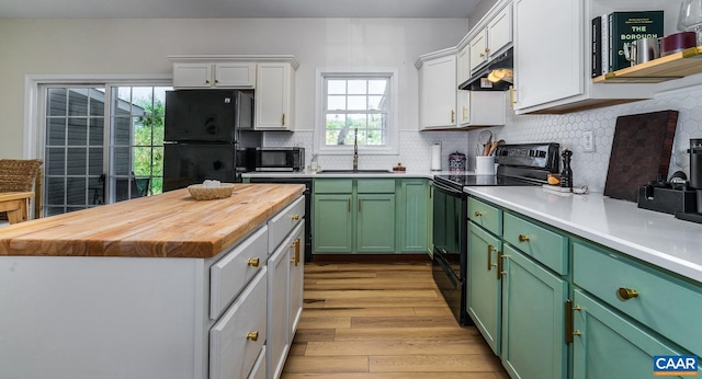 kitchen featuring under cabinet range hood, green cabinetry, a sink, and black appliances
