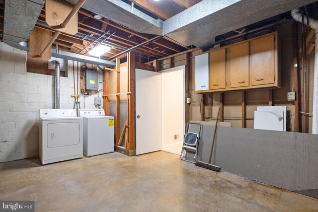 unfinished basement with independent washer and dryer and electric panel