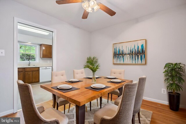 dining room with baseboards, a ceiling fan, and light wood finished floors