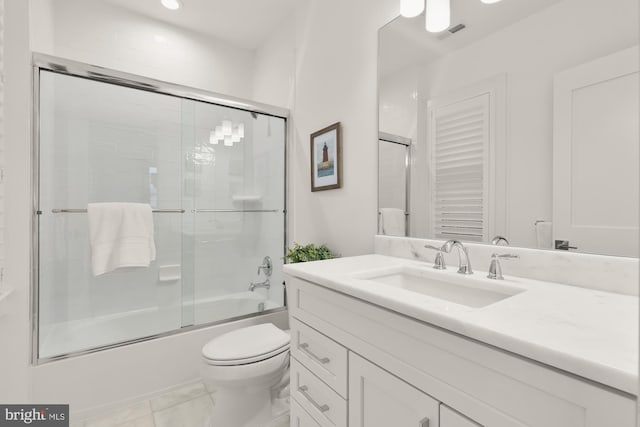 bathroom featuring vanity, toilet, enclosed tub / shower combo, recessed lighting, and visible vents