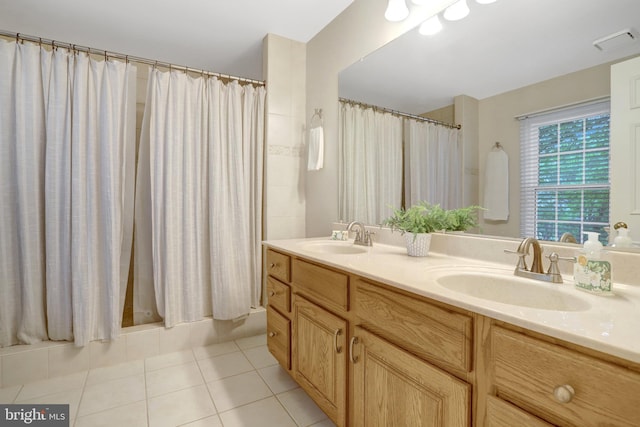 7117 Stanchion Ln, Burke, VA 22015 - full bathroom with tile patterned floors, double vanity, and shower / bathtub combination with curtain