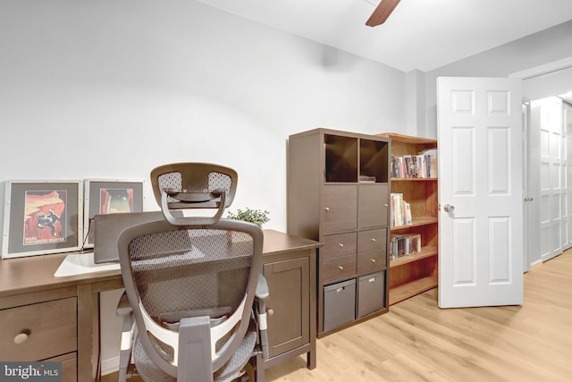 7117 Stanchion Ln, Burke, VA 22015 - home office with light wood-style floors, lofted ceiling, and ceiling fan