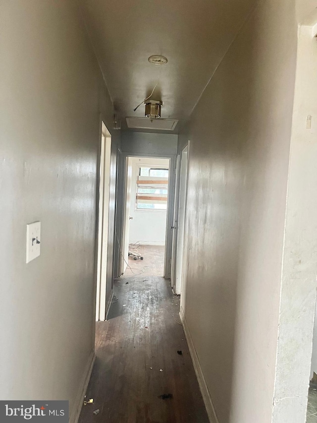 hallway featuring attic access, baseboards, and hardwood / wood-style floors
