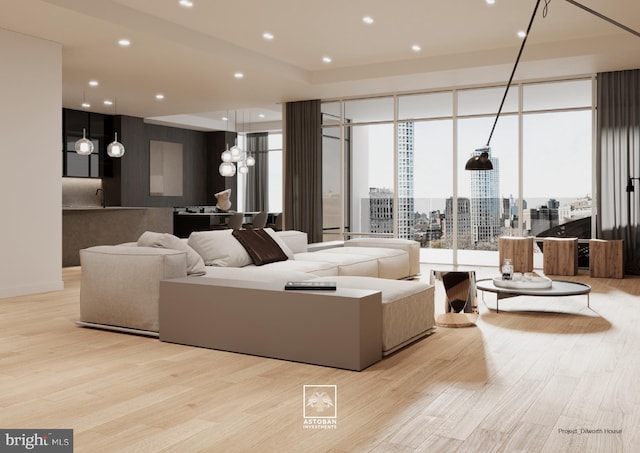 interior space featuring a view of city, recessed lighting, wood finished floors, and a notable chandelier