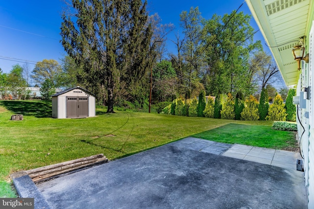 view of yard with a storage unit, an outdoor structure, and a patio area