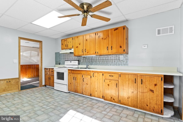 kitchen with visible vents, open shelves, a sink, white range with electric stovetop, and under cabinet range hood
